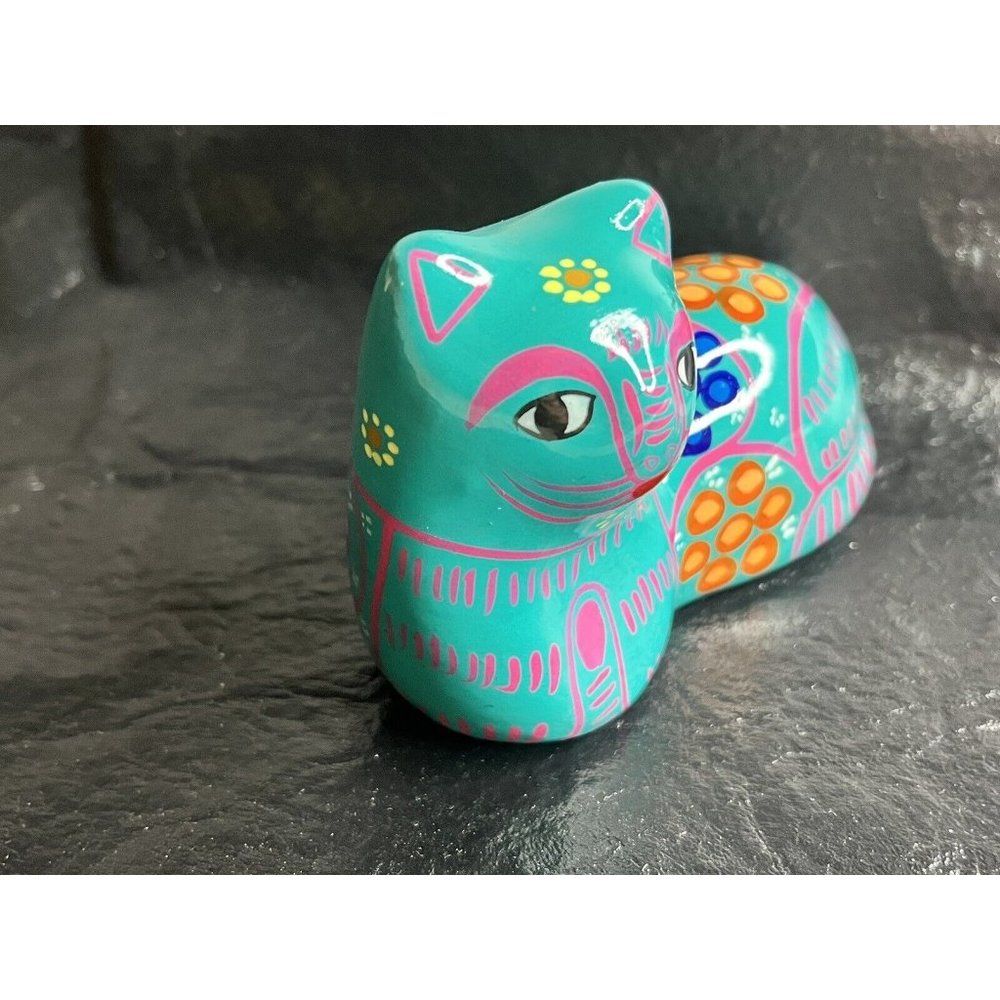 Vintage Mexican Talavera Pottery Handprinted Cat 4" Folk Art Glazed Colorful - Picture 3 of 7